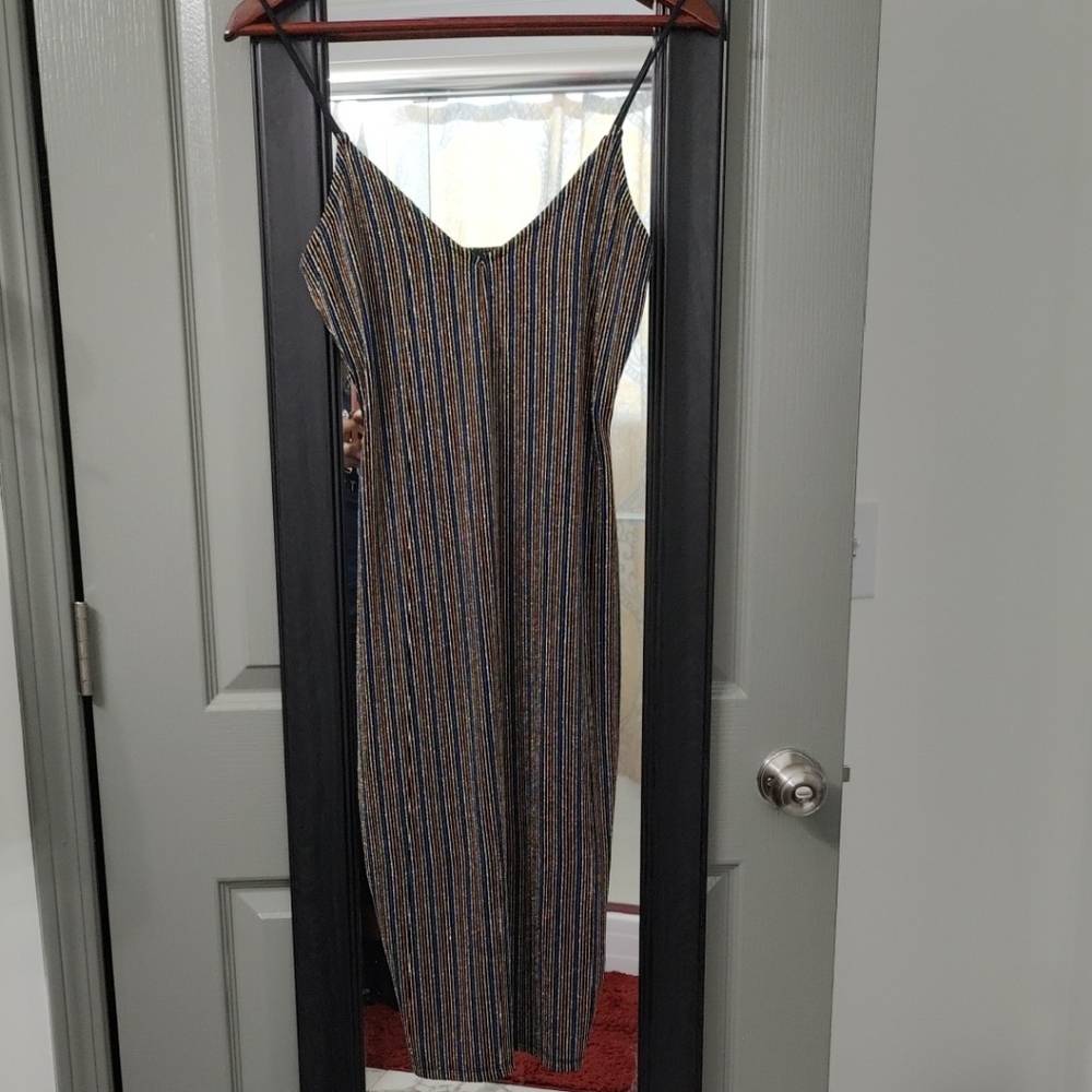 Glittery Striped Multicolor Shimmer Spaghetti Strap Midi Sexy Bodycon Dress